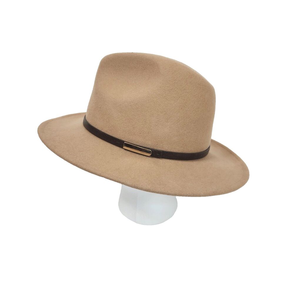 FURTALK 100% Wool Wide Brim Fedora Hat Camel/Tan Medium Faux Leather Belt Boho